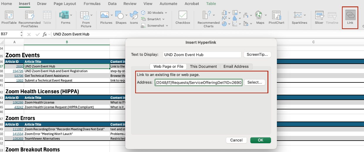 Screenshot of adding a link to descriptive text. 