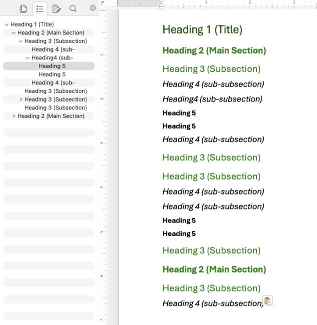 Hierarchical Heading Levels Microsoft Word document showing nested heading levels and the corresponding heading structure displayed in the Navigation pane.