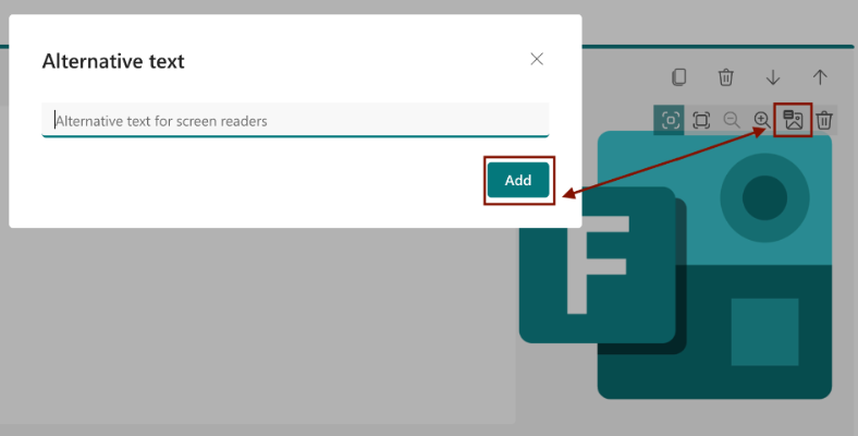 Add Alternative Text to an Image Microsoft Forms image settings panel displaying the Alternative Text option used to add descriptive text to an image.