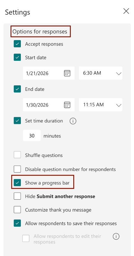 Show Progress Bar Setting Microsoft Forms settings panel displaying the Show Progress Bar option under response settings.
