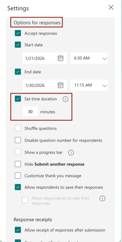 Form Time Limit Setting Microsoft Forms settings panel displaying the option to set a time limit for form responses.