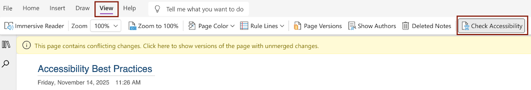 Accessibility Checker - OneNote Location of the Accessibility Checker in OneNote.