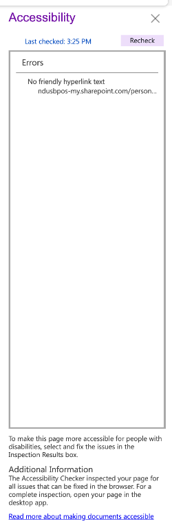Accessibility Checker Pane Screenshot of the Accessibility Checker Pane with errors showing for no descriptive link text.