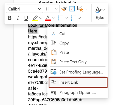 Insert Link Option Screenshot of the menu that displays when you right click on descriptive text you want to turn into a link.