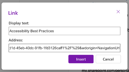Link Dialogue Box Screenshot of link dialogue box. When we want to turn descriptive text into links, we can add the URL to the address box.