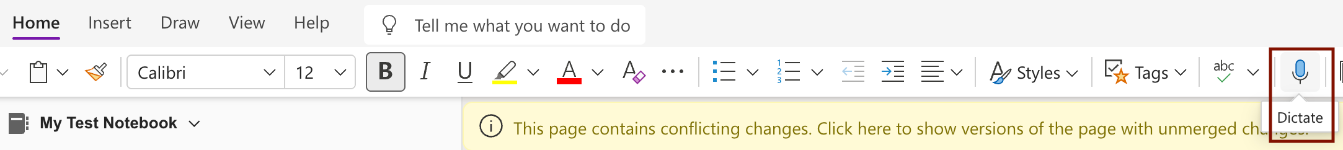 Dictate in OneNote Screenshot for the location of the Dicatation option.