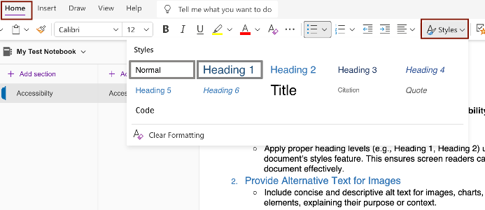 Styles Pane in OneNote Screenshot of the Styles pane in OneNote; preset headings are highlighted.