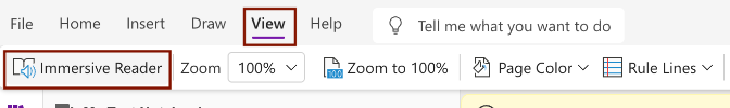 Immersive Reader- OneNote Screenshot of the location for the Immersive Reader button in OneNote.