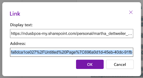 Link Dialogue Box Screenshot of the link Dialogue box. The descriptive link text should be entered into the Display Text box.