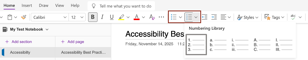 Preset List Styles in OneNote Screenshot showing the location of the preset list styles in OneNote