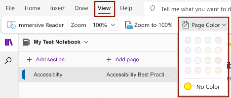 Page Color Screenshot of the location where one can change the page color