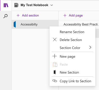 Rename a Section Screenshot of the menu that the Rename Section option resides in.