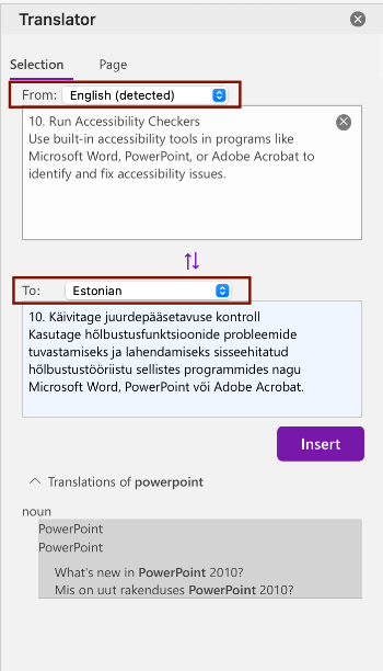 Translator Pane Screenshot of the Translator Pane where users can select what languages they choose to translate to and from.