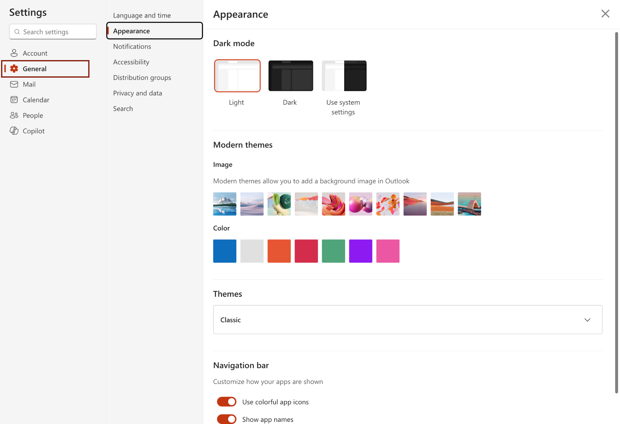 Customize your user interface for Dark or Light Mode in Outlook's settings. 