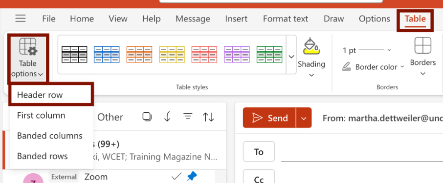 Use the Table Options button under the Table tab to set a table Header Row. 