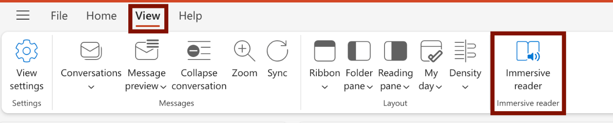 Locate the Immersive Reader under the Review tab in Outlook. 
