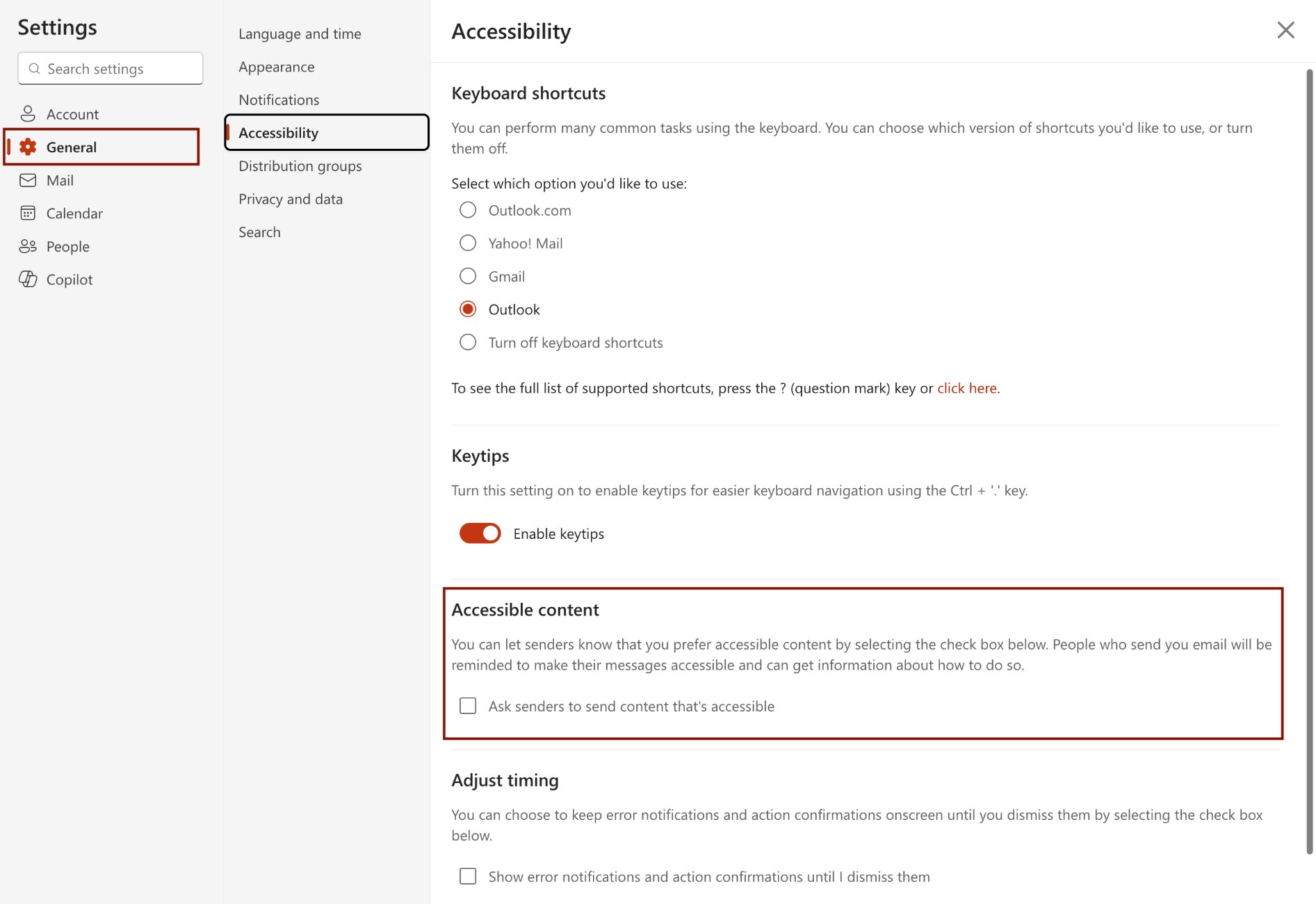 Request Accessible Emails from the General Tab in Settings. It is nested under the Accessibility Option. 