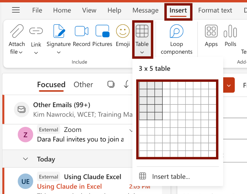 Visually set table dimensions by hovering over the grid squares in the table menu. 