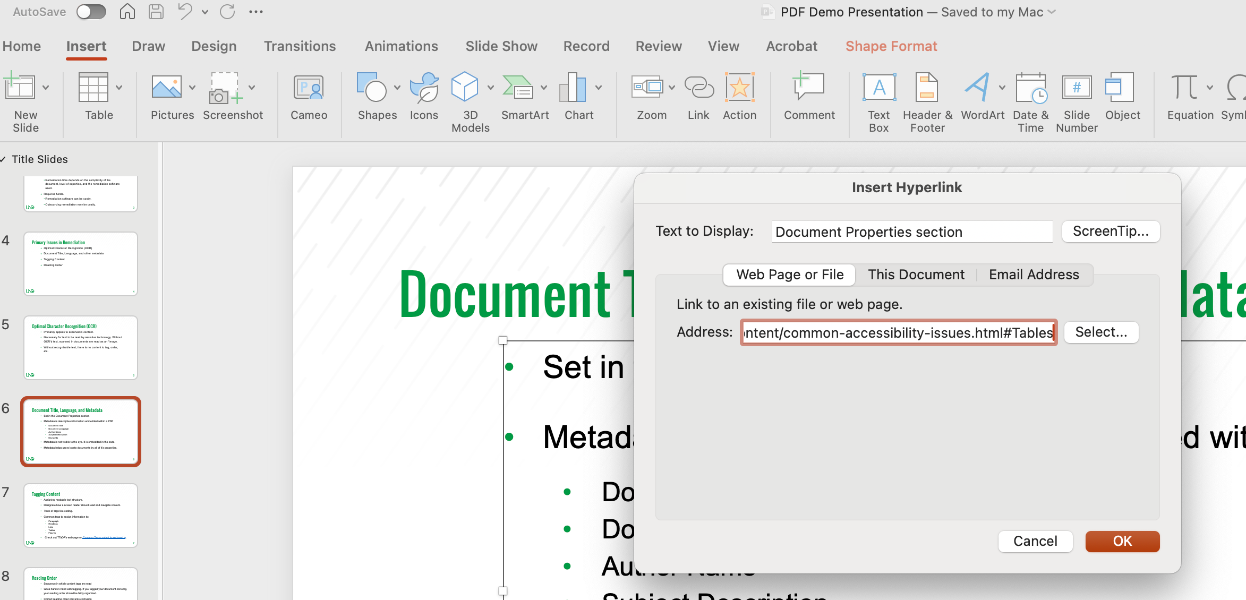 Screenshot of where to add the URL when turning Descriptive text into a hyperlink. 