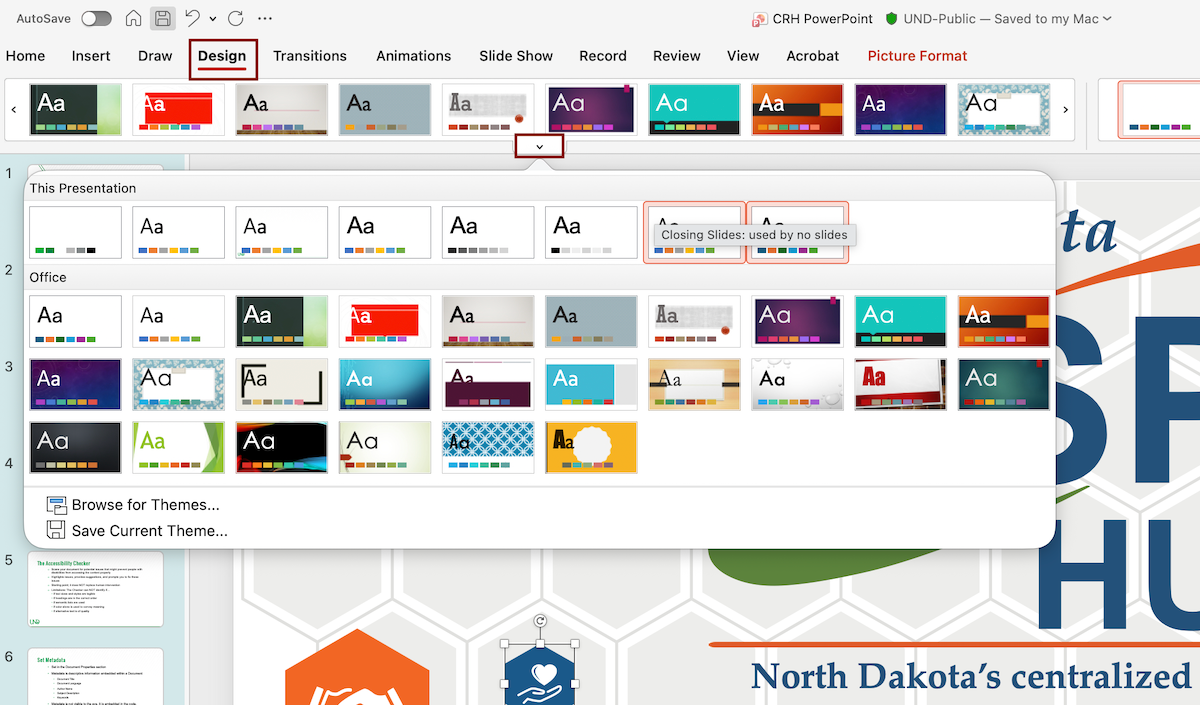Microsoft PowerPoint Design tab showing built-in presentation themes and theme customization options.