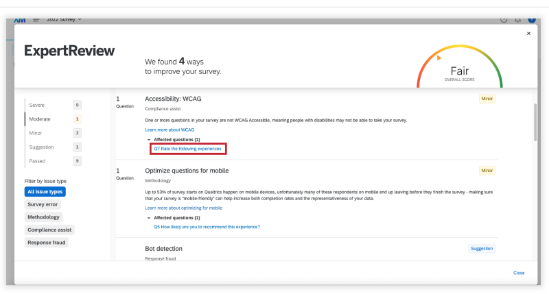 Screenshot showing recommended accessibility suggestions identified by the Survey Accessibility Tool. 
