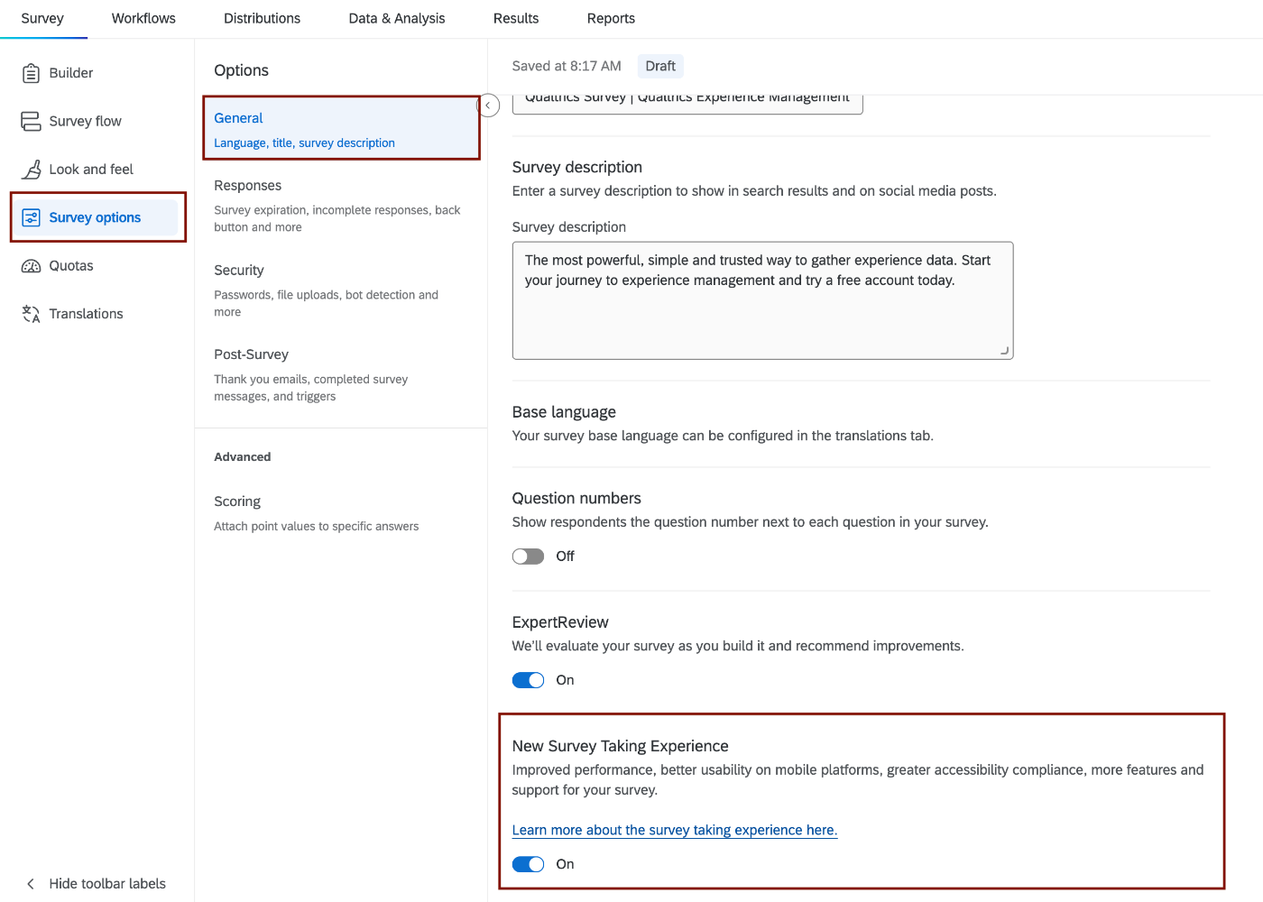 Screenshot of the menu location where users can manually enable the New Survey Taking Experience. 