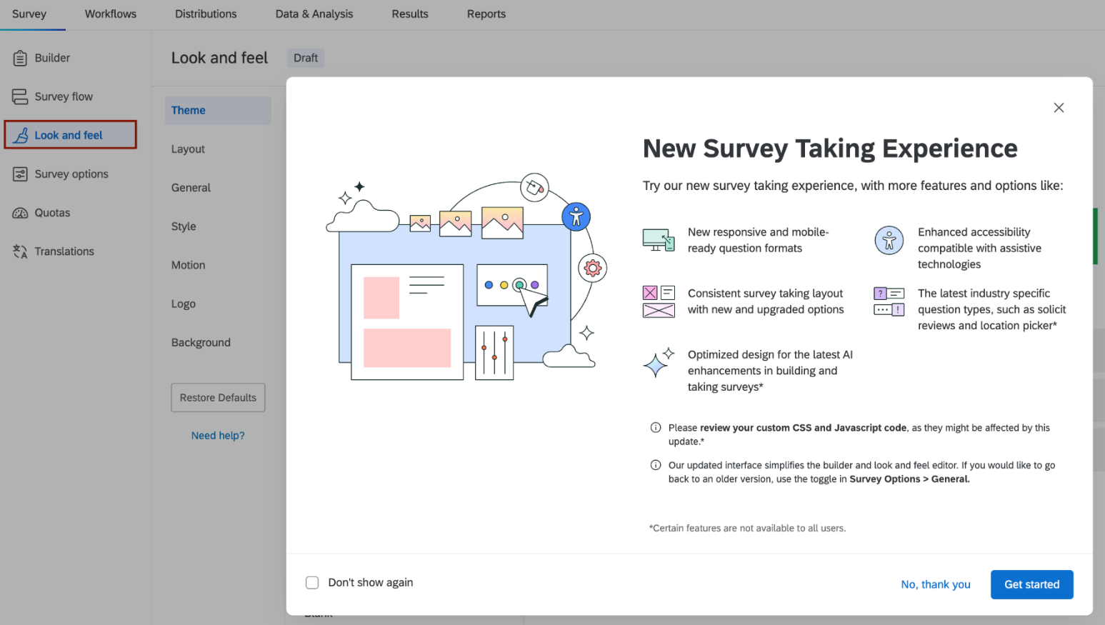 Screenshot of the pop-up dialogue box for the New Survey Taking Experience. It populates when users click on the Look and Feel tab. 