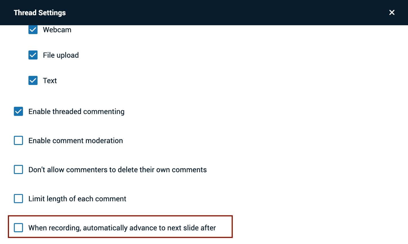Screenshot of Option to Advance Slide after Recording ends. 