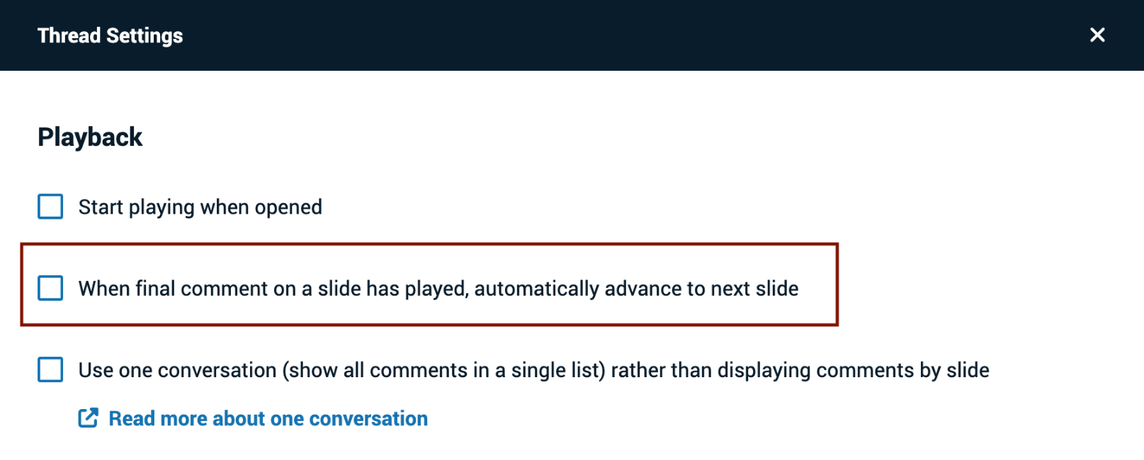 Screenshot of option to advance slide after last comment. 