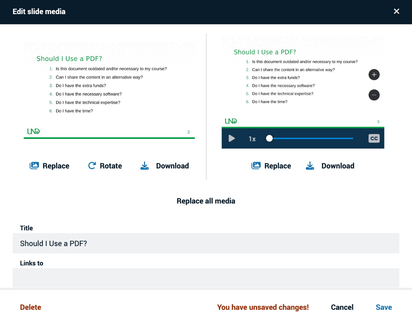 Screenshot of the Edit Media pane. It compares the previous slide with no audio description file and then the new slide with an audio description file embedded into the slide. 
