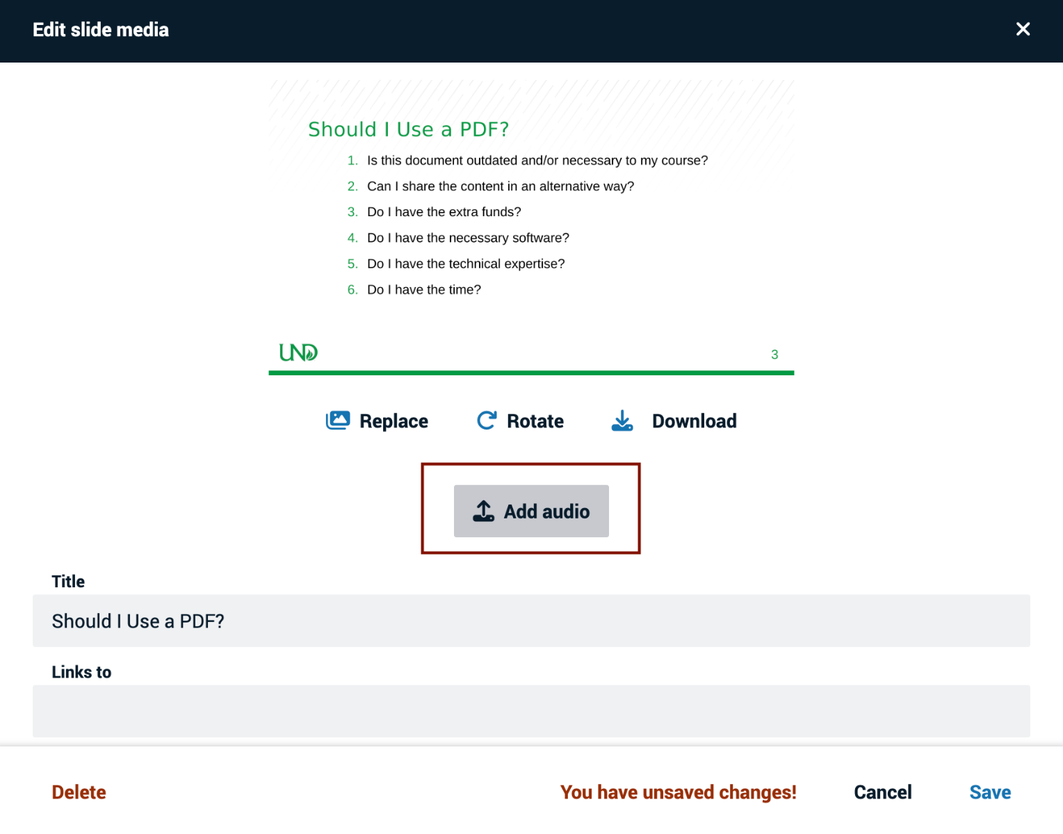 Screenshot of the Add Audio button in the Edit Media pane. 