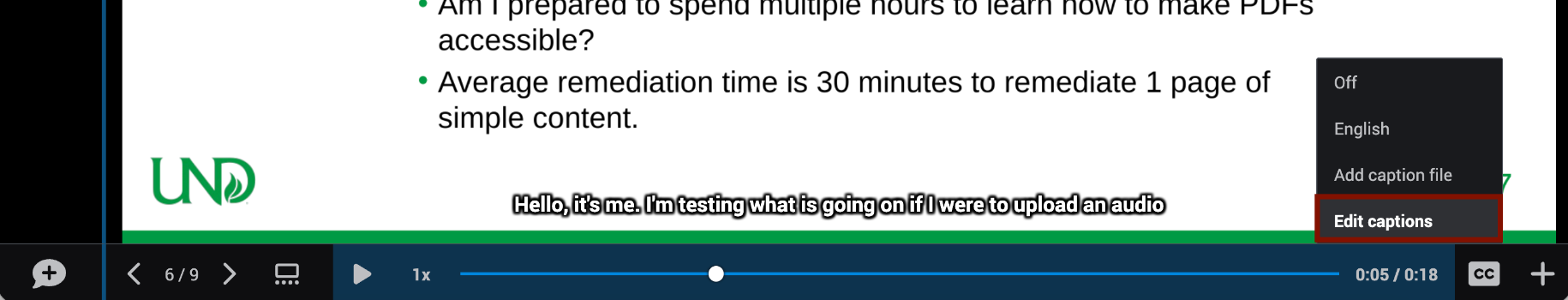 Screenshot of where to access caption editing.