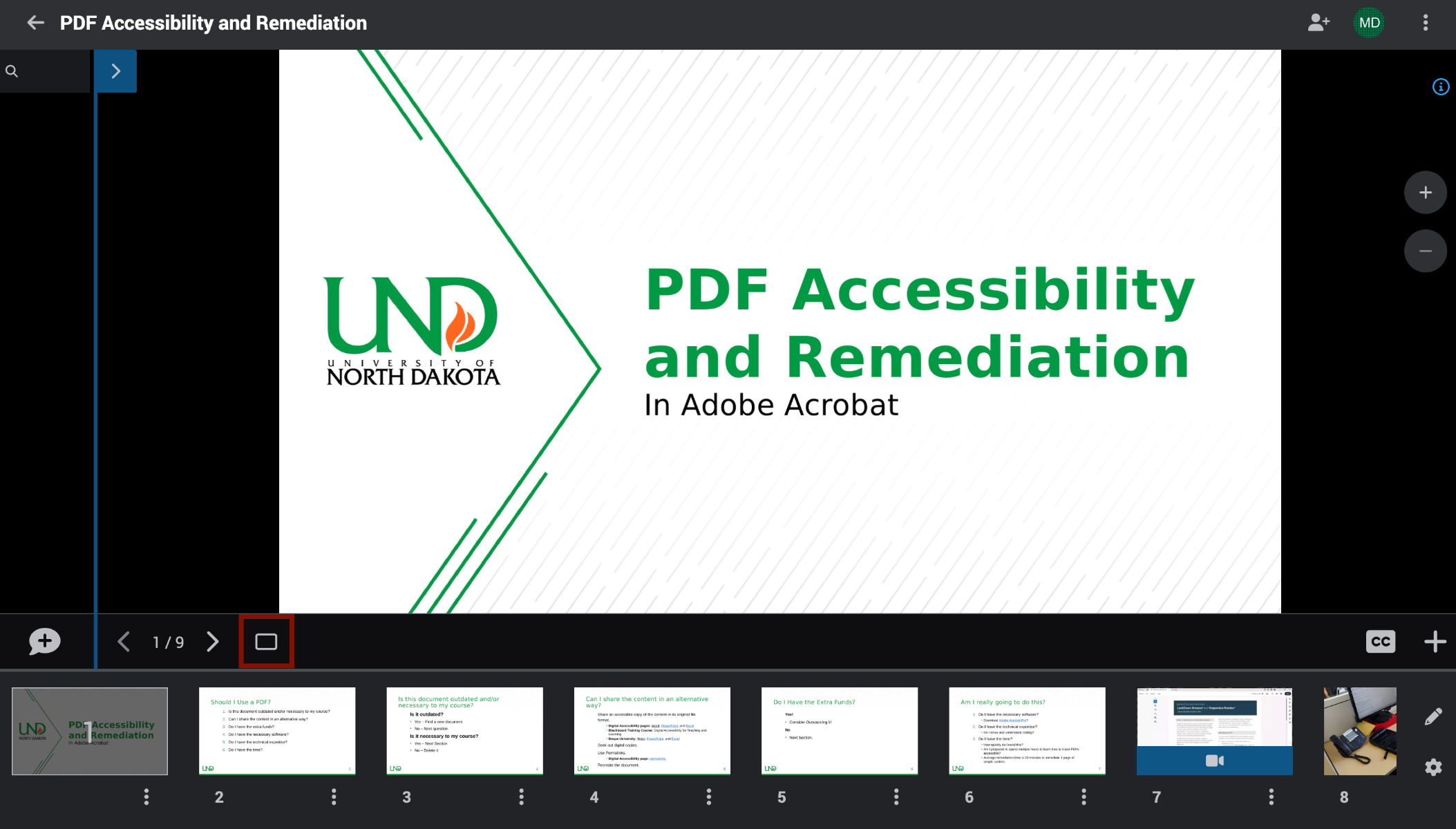 Screenshot of the Slide Gallery in an open VoiceThread. Users can access the Edit Media pane from here. 