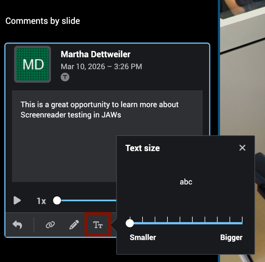 Screenshot of the Text Size option in a VoiceThread Comment. 