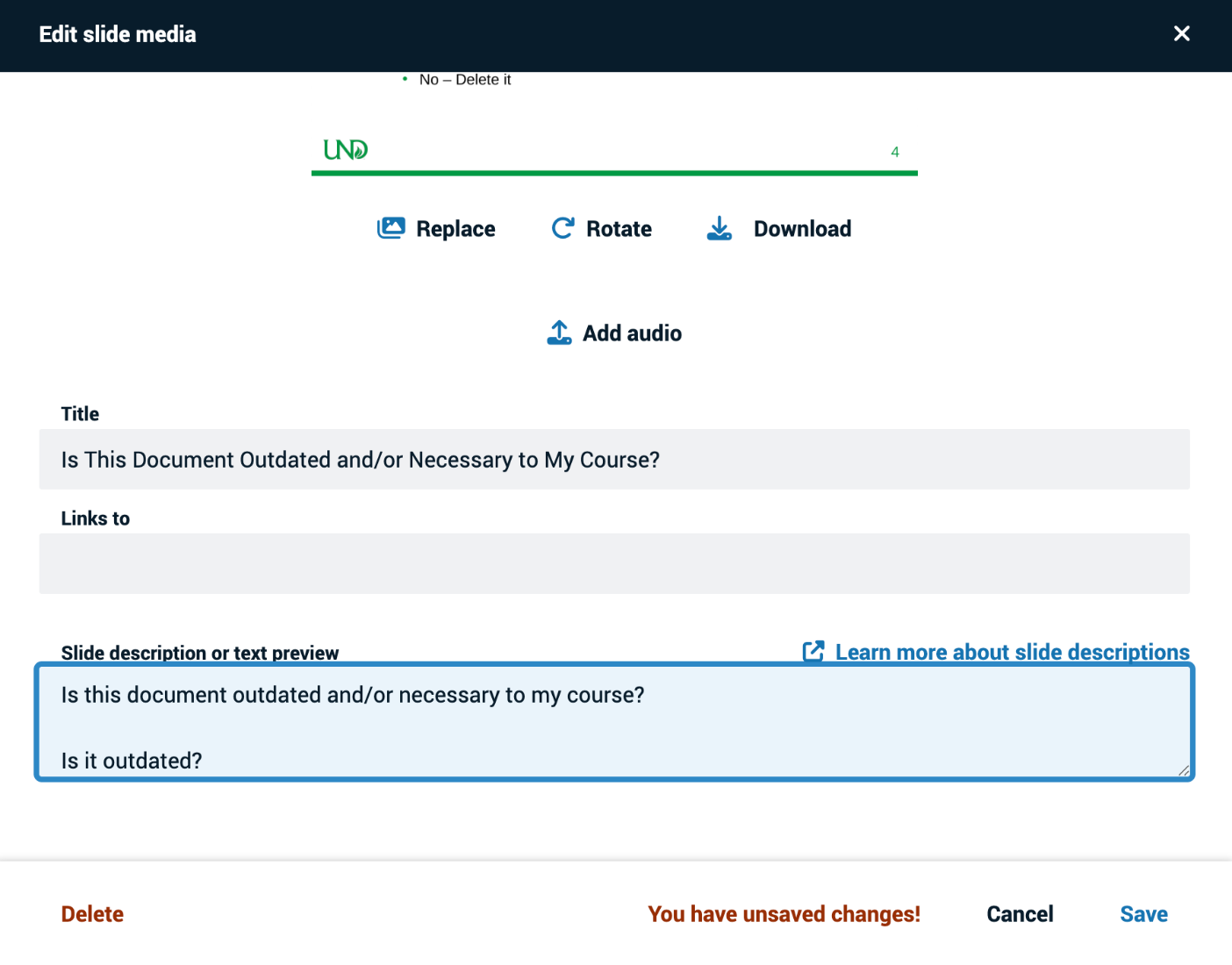 Screenshot of the Slide Description/Preview pane in the Edit Media pane.