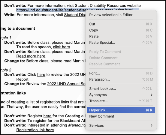 Screenshot of a URL highlighted with the option to Edit Hyperlink selected. 