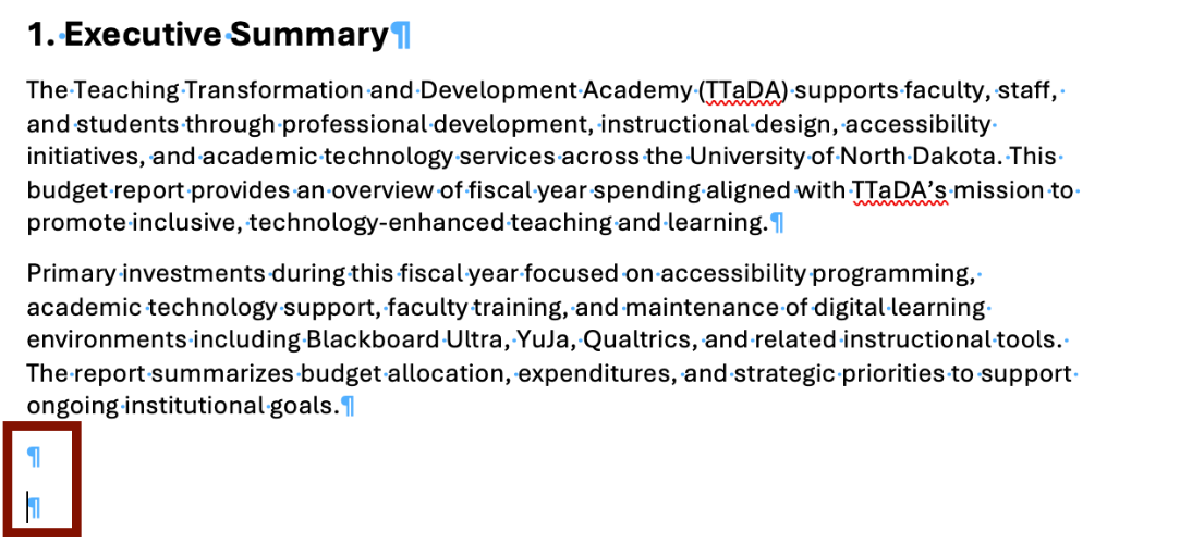 Paragraph Symbols Indicating Blank Lines Screenshot of paragraph symbols indicating blank lines in a sample document.