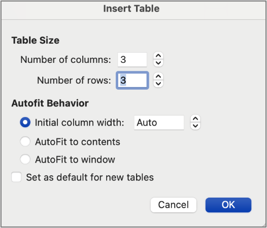 Screenshot of the Insert Table dialogue box with rows set. 