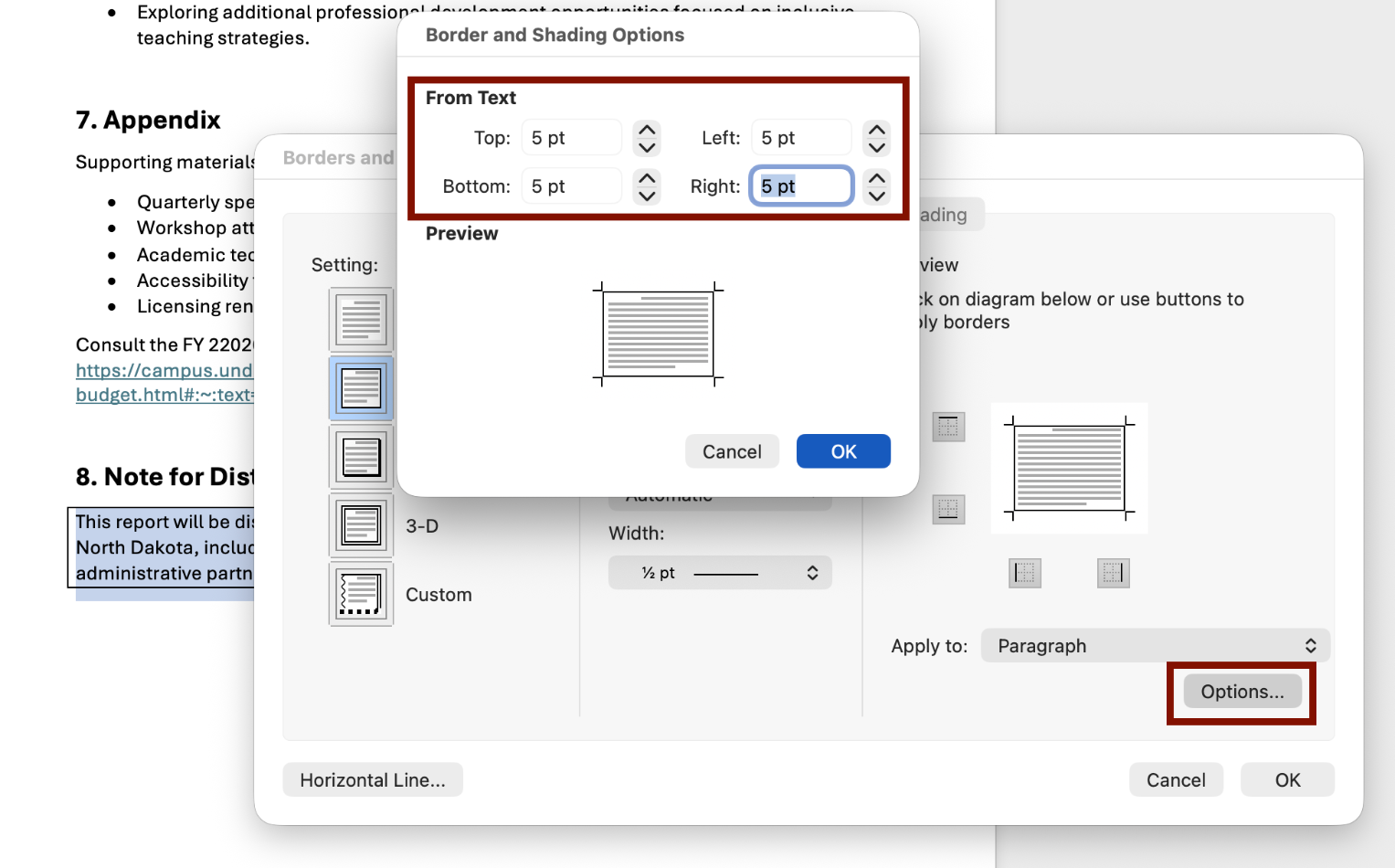 Options box Screenshot of the Dialog box that populates when you select the Options button in the Borders and Shading dialog box. This is where content creators can adjust spacing around text.
