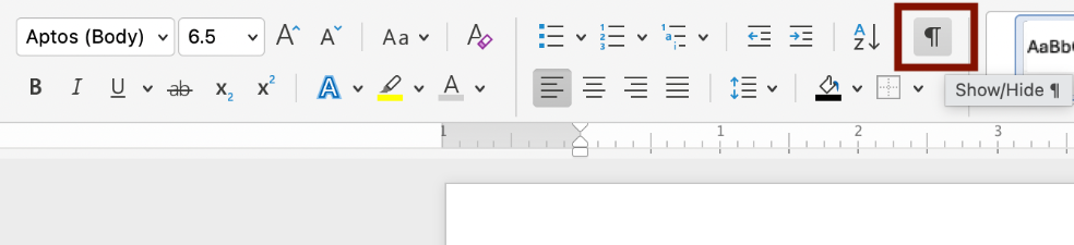 Show/Hide Button Screenshot of the Show/Hide button on the Home tab, under the Paragraph section.