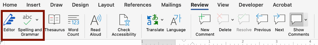 Editor tool and Spelling and Grammar tool Screenshot of the Editor tool and the Spelling and Grammar tool, located in the Review tab.