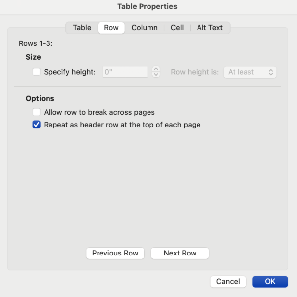 Screenshot of the Table Properties box. 