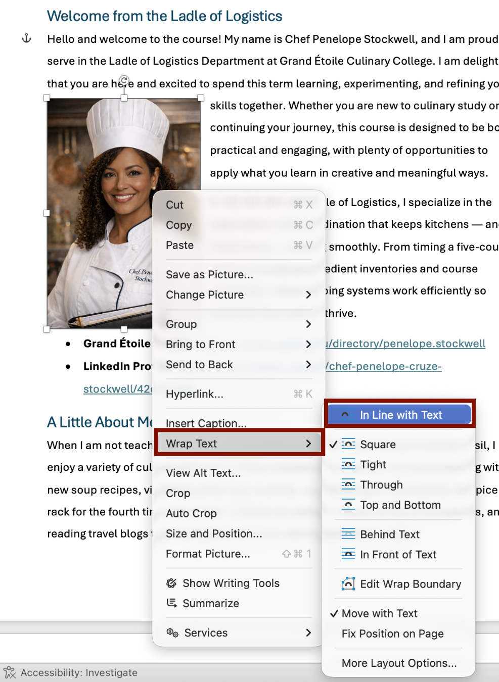 Wrap Text from the Image Screenshot of the Wrap Text option, accessed by right-clicking on an image. In Line with Text has been selected.