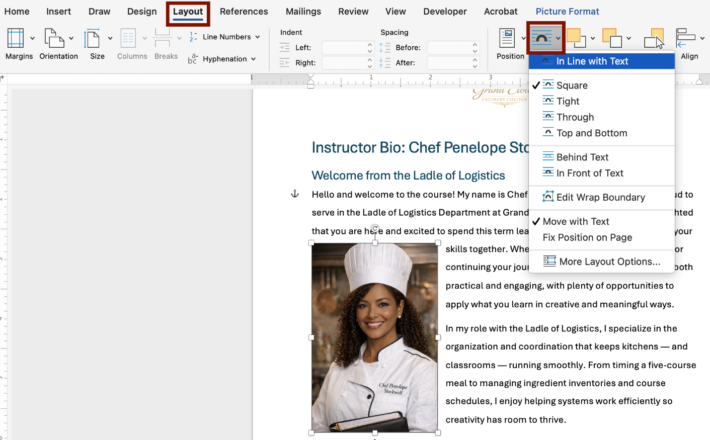 Wrap Text from the Layout Tab Screenshot of the Layout tab with the Wrap Text button outlined. In Line With Text is selected from the Wrap Text menu.