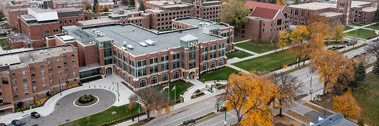 drone picture of UND memorial union