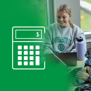 Female student on computer covered partially with a green gradient and graphic of a white calculator
