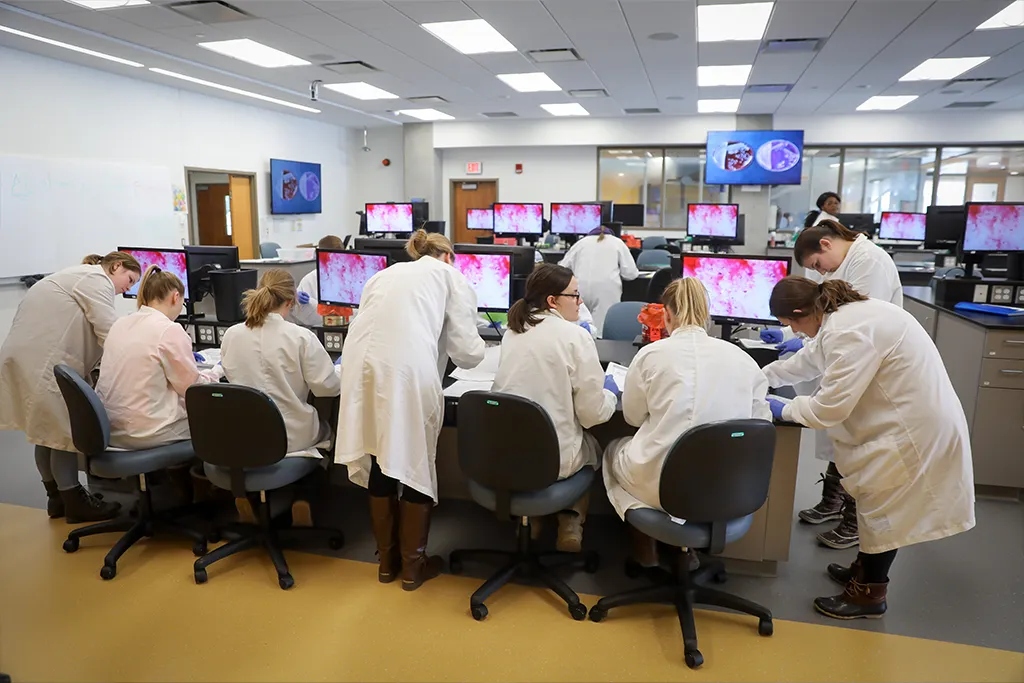 A lab full of medical laboratory science students in white coats work at microscope-and-monitor stations.