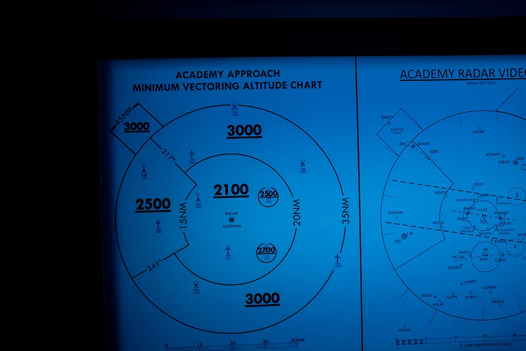 A backlit UND Aerospace academy approach minimum vectoring altitude chart and radar video map.