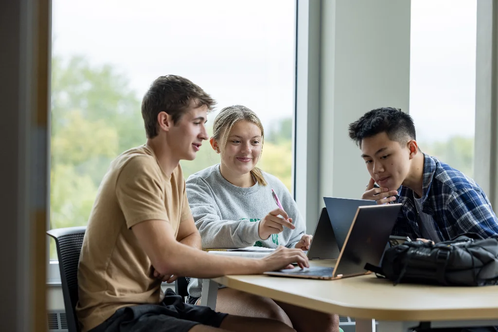 three cybersecurity students using laptops while discussing a project