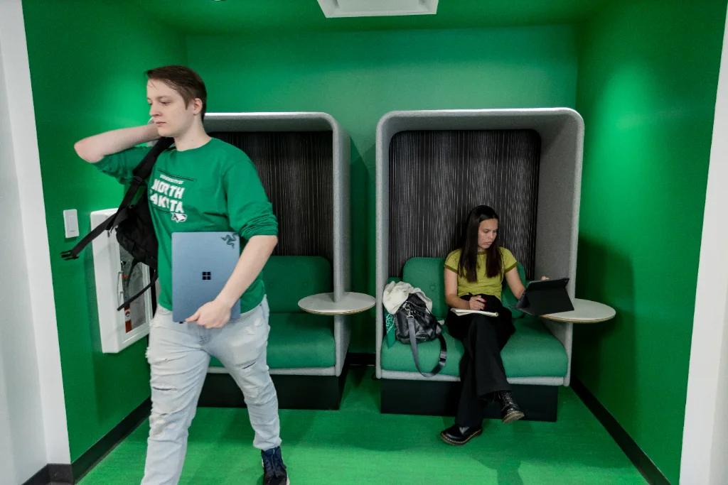 UND students in campus learning cubicles are studying for their upcoming exam